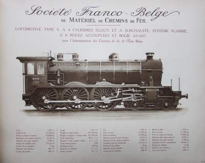 <b>Locomotive Type 9, à 4 cylindres égaux et à surchauffe, système Flamme, à 6 roues accouplées et bogie avant</b><br>pour l'Administration des Chemins de fer de l'Etat Belge